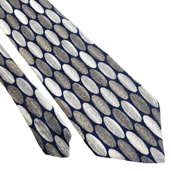 Albert‎ Nipon Gray Blue Beige Geometric Wide Abstract Silk Tie - Picture 1 of 6